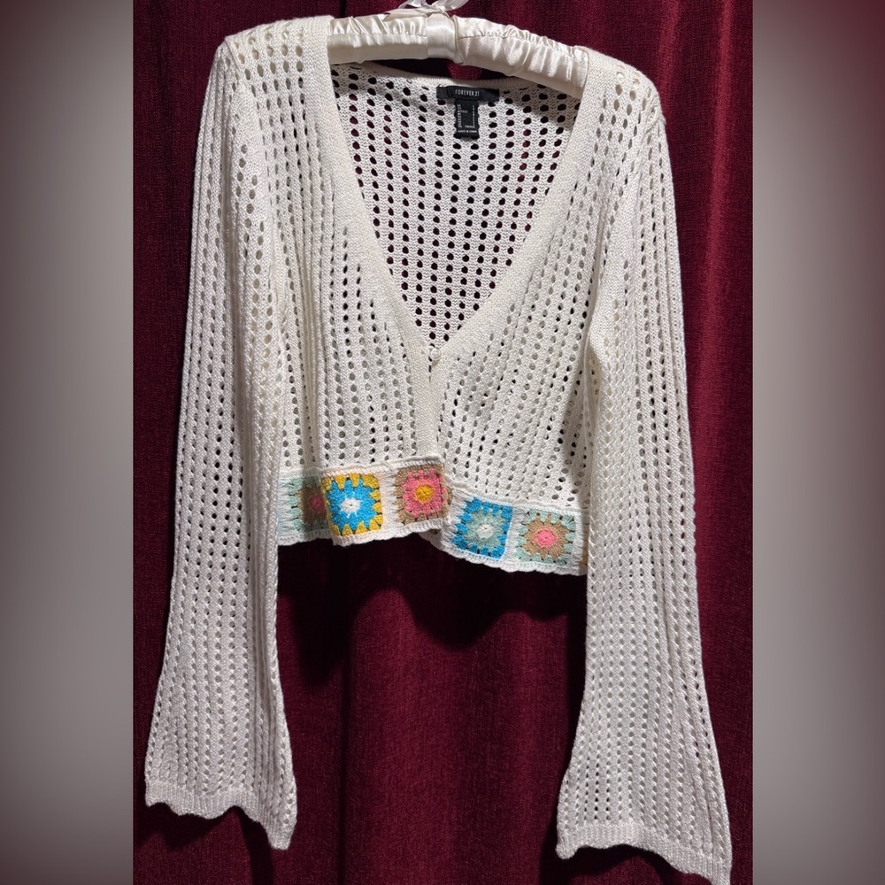 Forever 21 Cream Open-Knit Cardigan with granny square trim